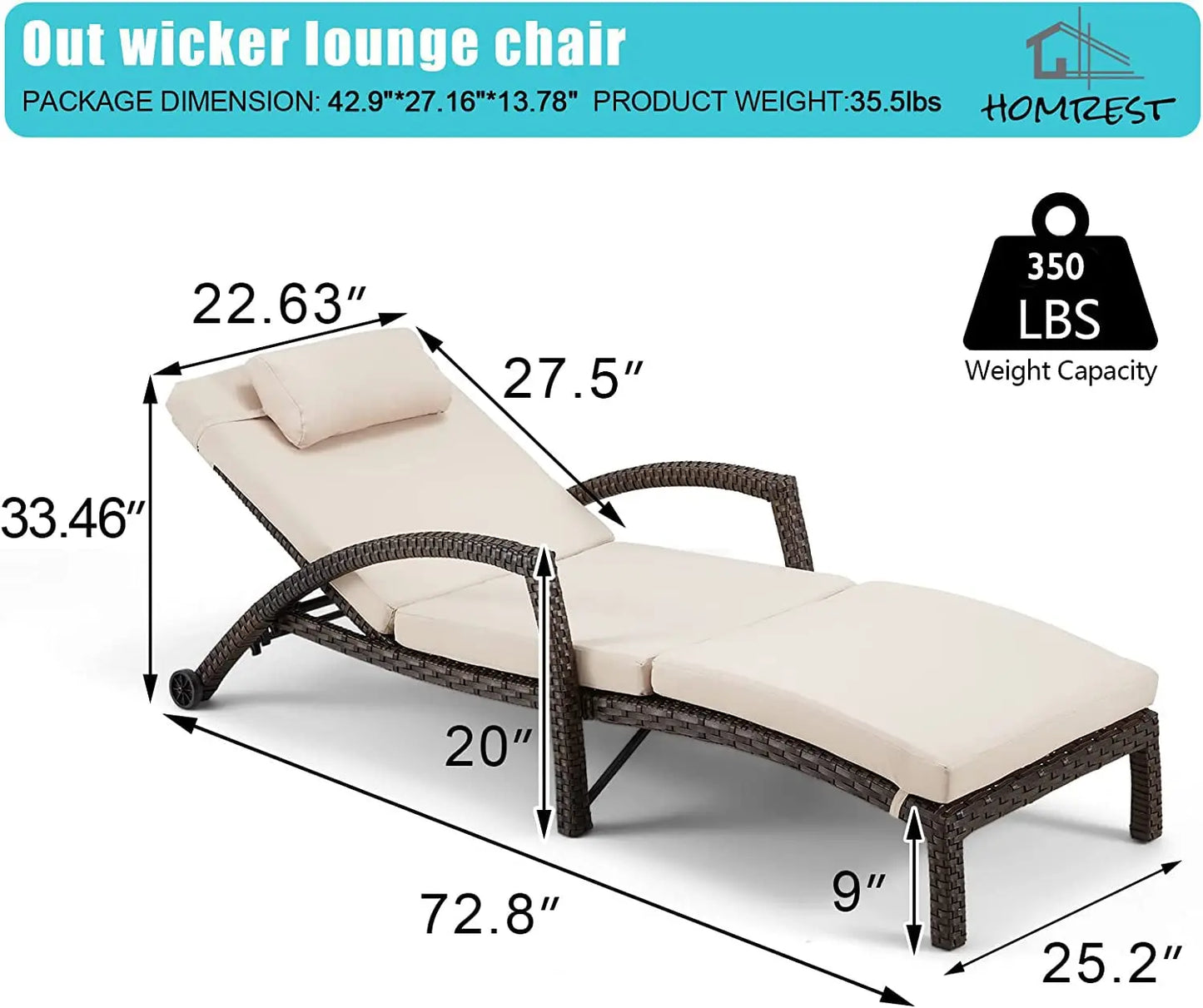 Adjustable 5-Position PE Rattan Outdoor Chaise Lounge Set 2 with Cushion Pillow Wheels for Poolside Backyard, Custom