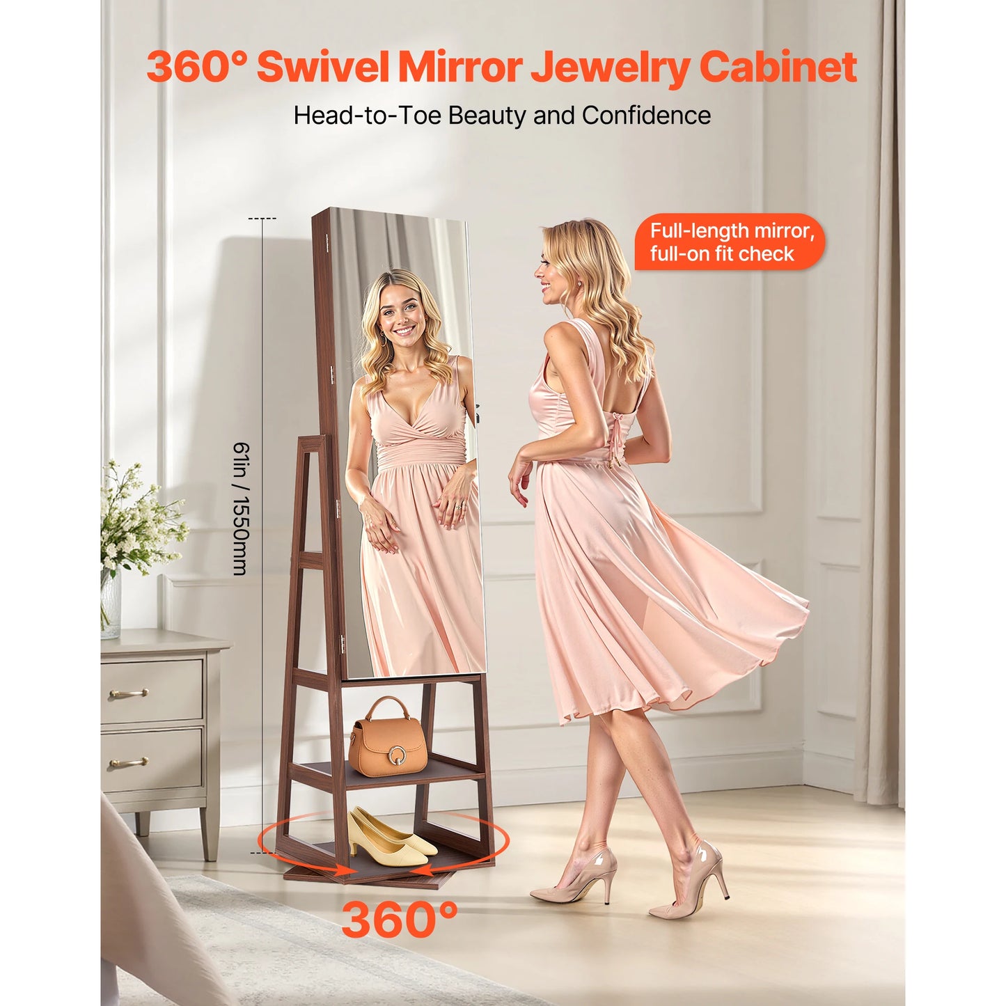 SucceBuy 360° Swivel Jewelry Cabinet With Lockable Mirror