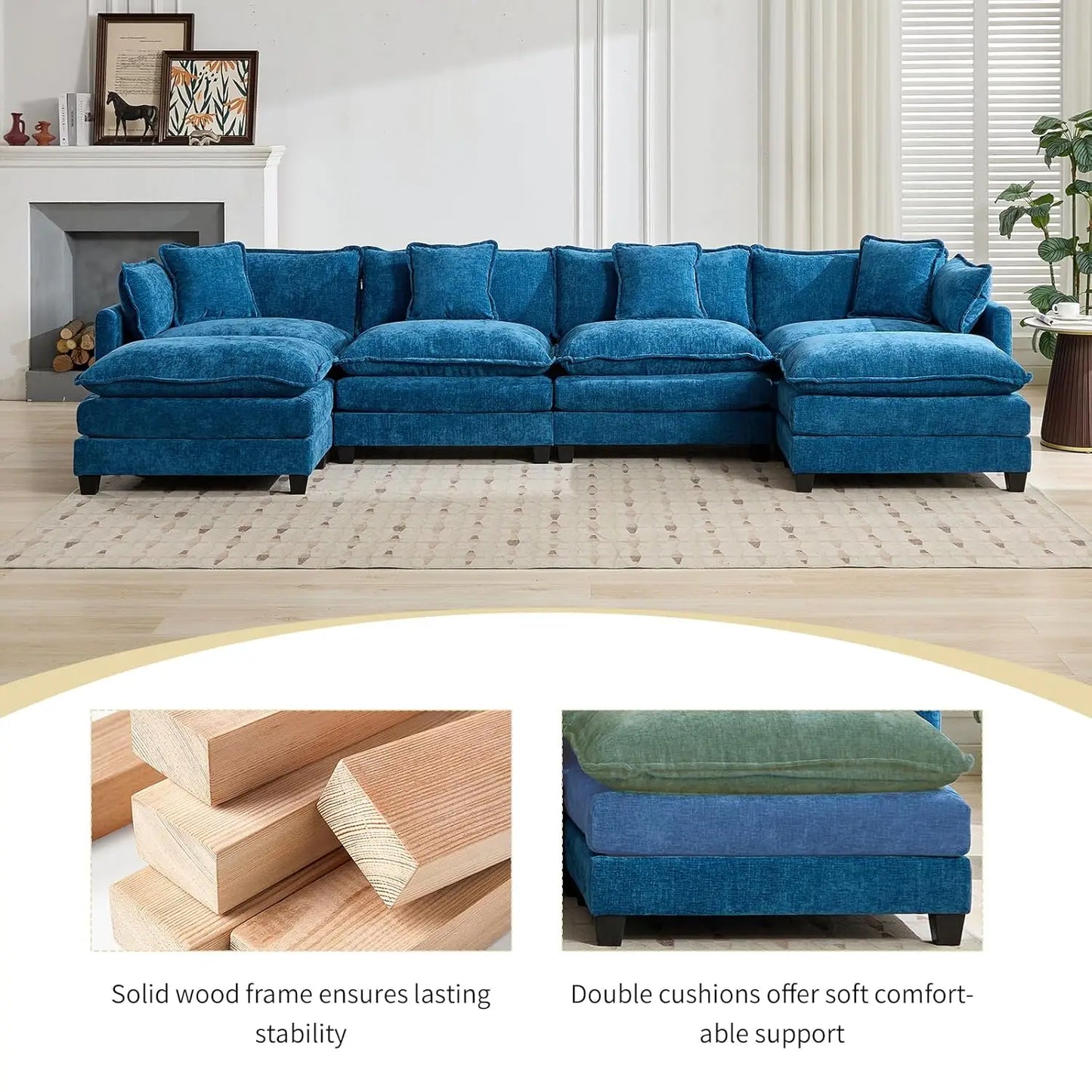 111.5" Blue Modular Sectional Sofa Chenille Deep Seat L-Shape Oversized Living Room Set With Ottoman, Customized