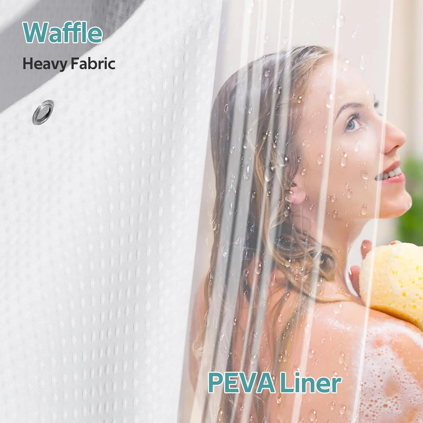 3-In-1 Shower Curtain Set With Waffle Curtain And Liner 12 Hooks