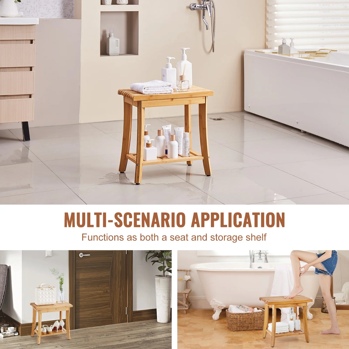 SucceBuy Bamboo Shower Bench With Storage Shelf 330lbs