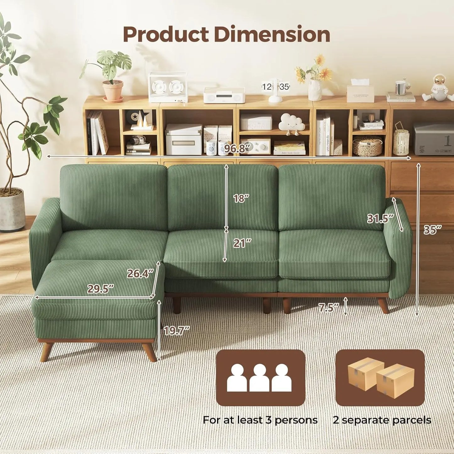 Corduroy L-Shape Modular Sofa With Movable Ottoman Sectional