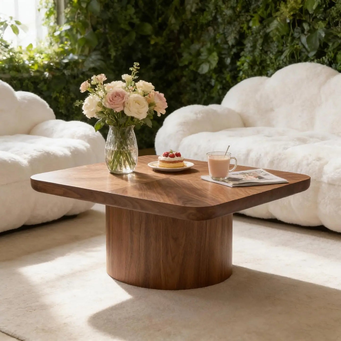 Wood Pedestal Coffee Table For Living Room Minimalist Modern Circle