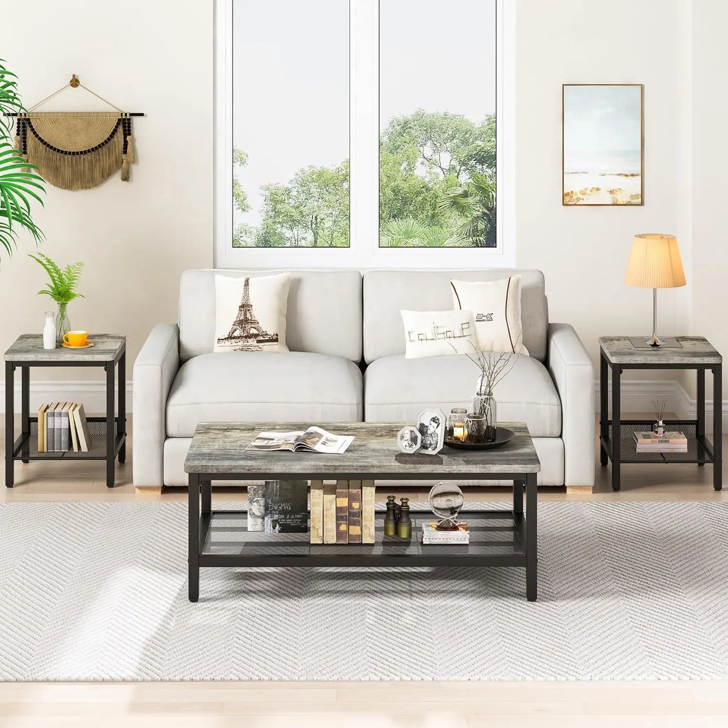 Industrial Coffee Table Set of 3 With Adjustable Legs