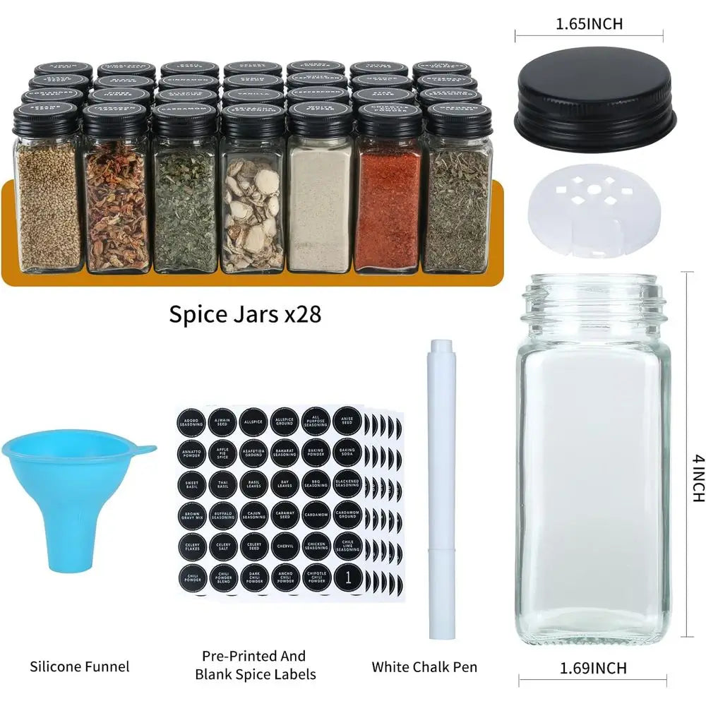 Spice Rack Organizer with 28 Spice Jars, Black Lids, Spice Labels, Chalk Pen, and Tunnel Set for Cabinet, Countertop, Pantry, Cu