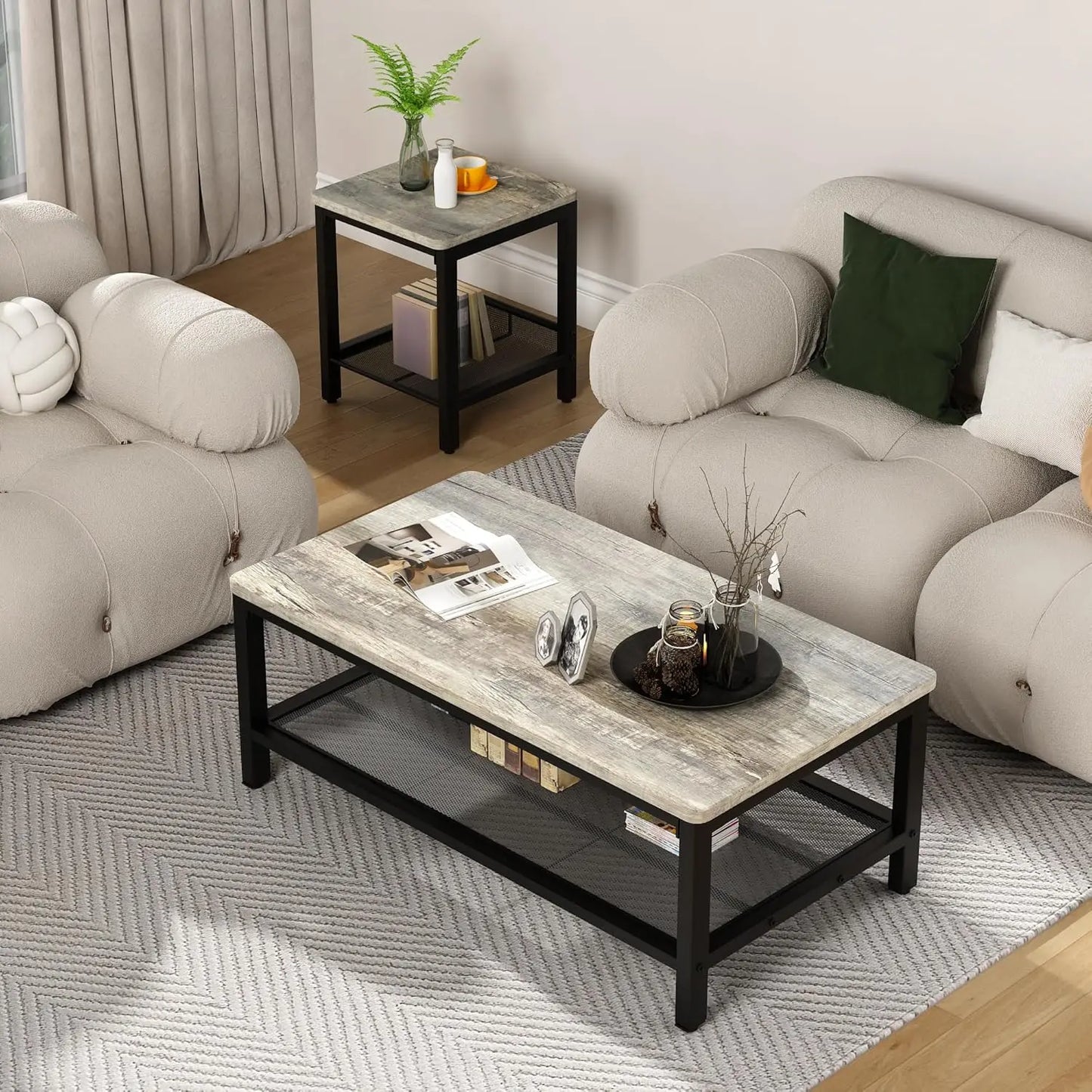 Industrial Coffee Table Set of 3 With Adjustable Legs