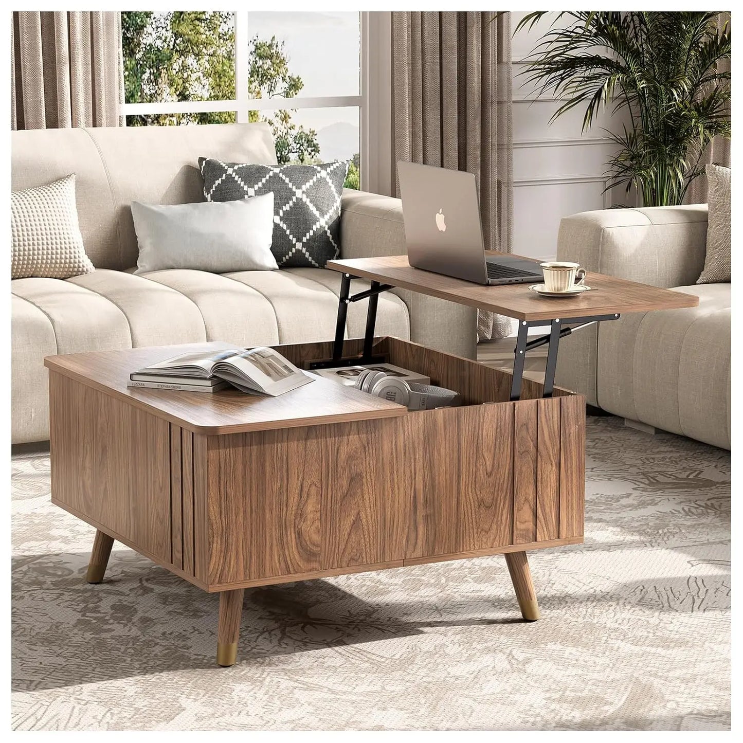 Round Coffee Table With Hidden Storage Walnut Wood Drum Table