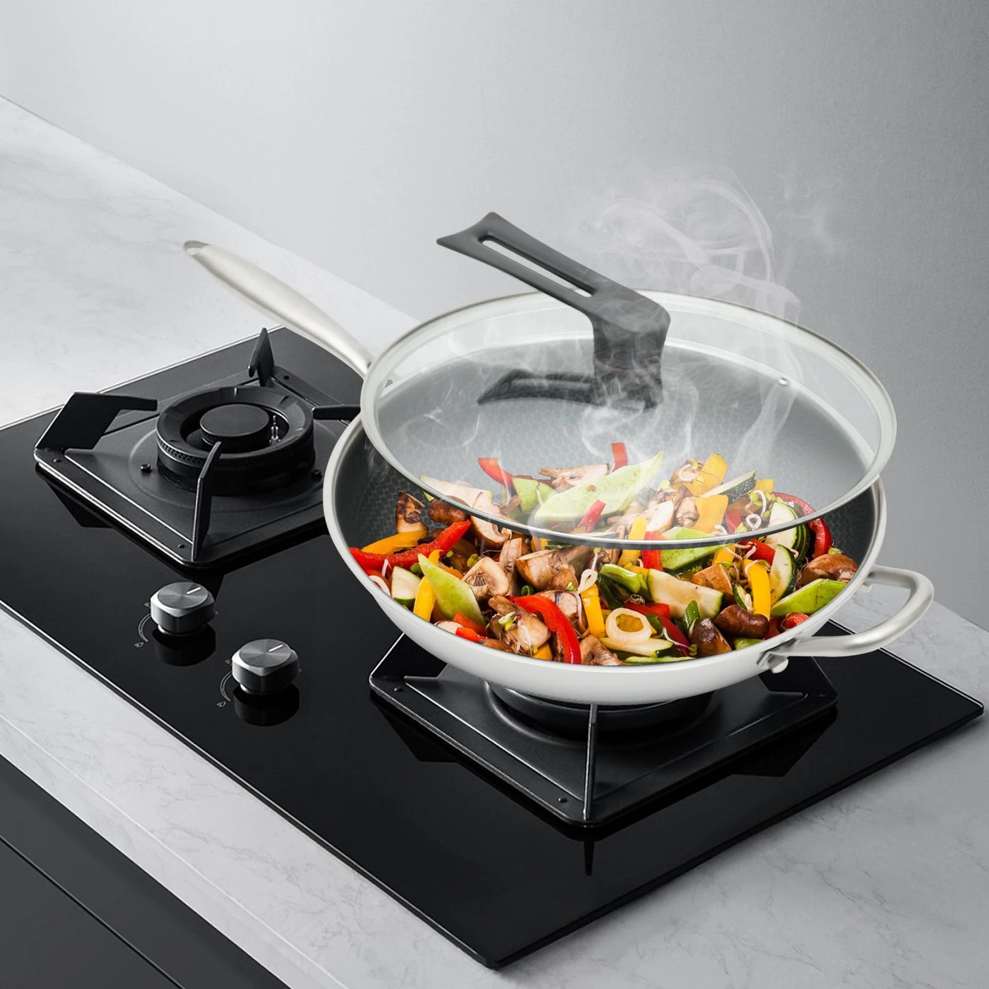 Stainless Steel Skillet, 34cm Wok Pan with Lid, Nonstick Frying Pan for Induction Cooktop Gas Stove
