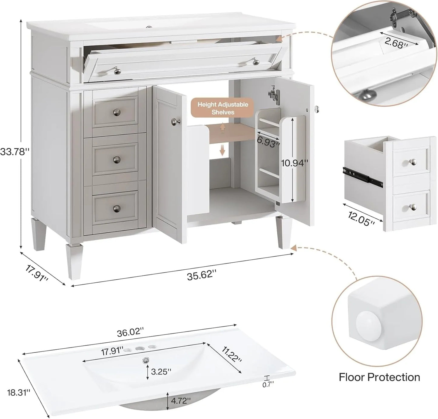 Bathroom Vanity With Sink Cabinet, 4 Drawers, 2 Doors