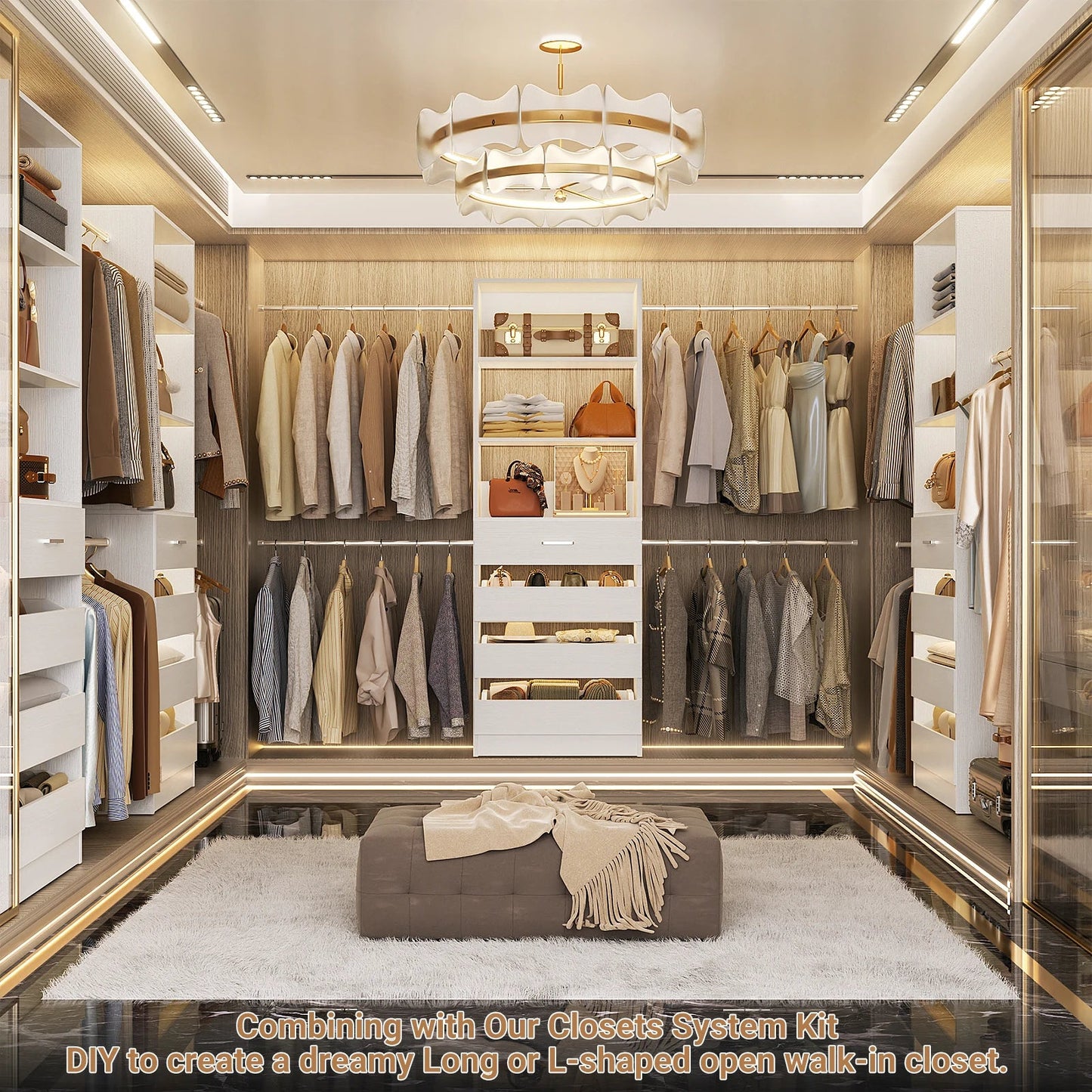 4-9Ft Closet System with 4 Wooden Drawers, Walk-in Closet Organizer Wardrobe Clothes Rack with 4 Hanging Rods, Garment Rack The Pet & Home Store