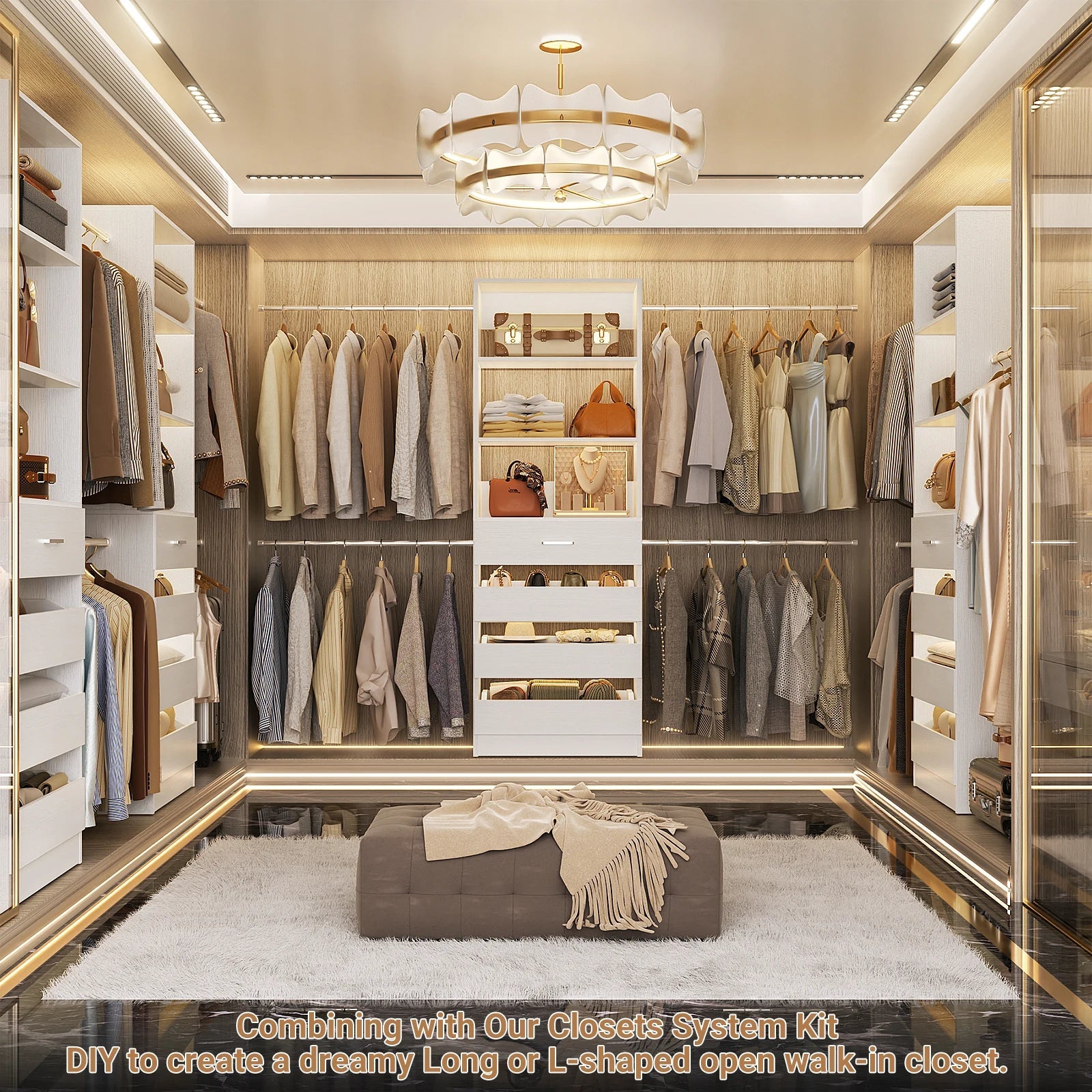 4-9Ft Closet System with 4 Wooden Drawers, Walk-in Closet Organizer Wardrobe Clothes Rack with 4 Hanging Rods, Garment Rack The Pet & Home Store