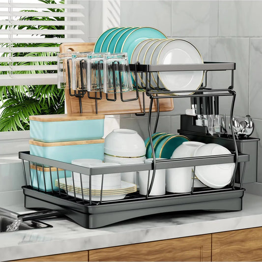 Two Tier Dish Drying Rack For Kitchen Countertop Large Capacity