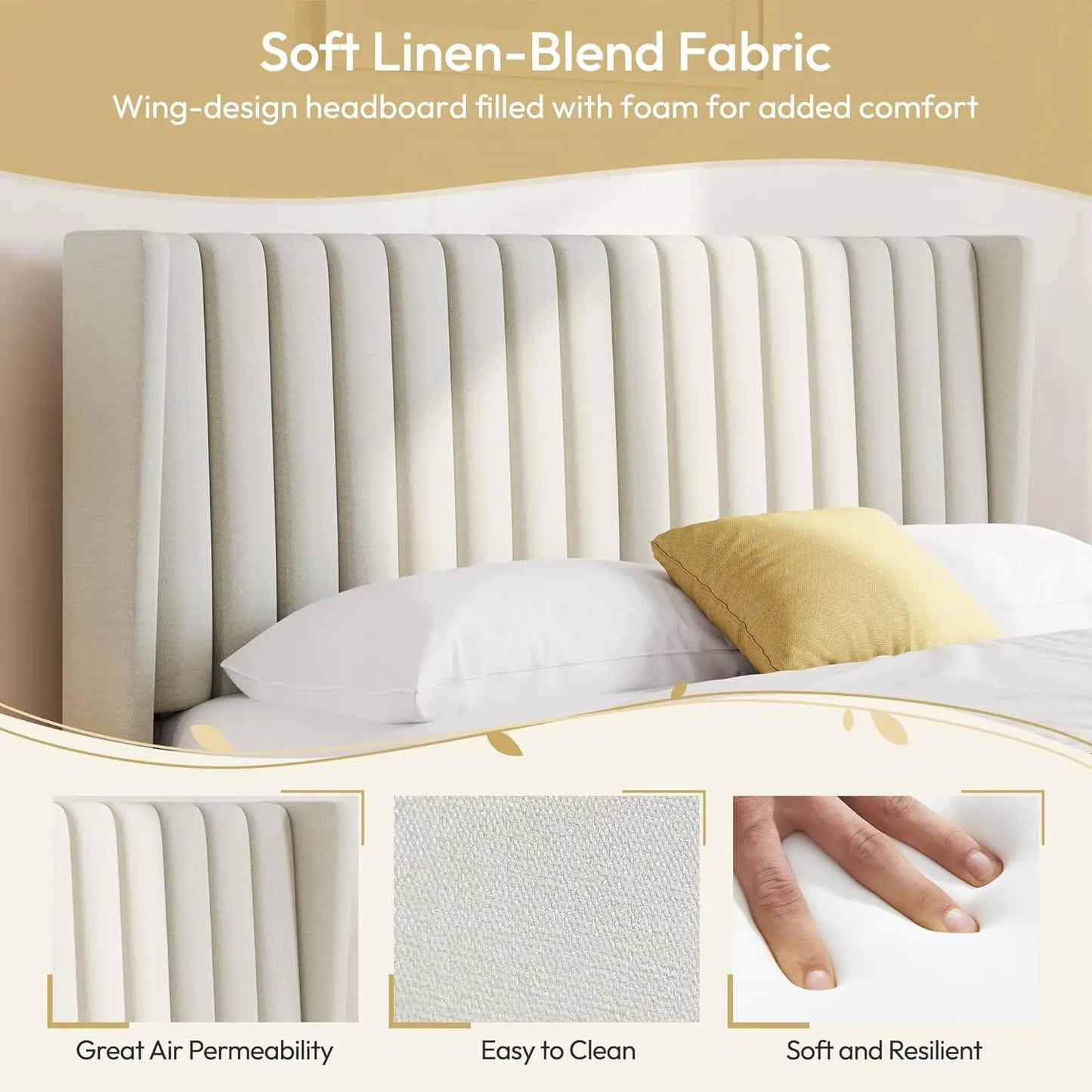 Upholstered Platform Bed Frame With Fabric Headboard Wing Edge NonSlip