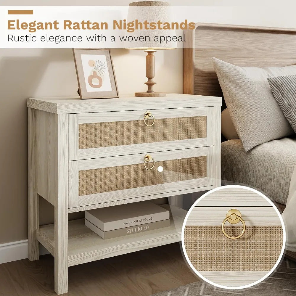 Large White Rattan Nightstands Set of 2, Boho Style with Drawers & Storage Shelf Bedroom Bedside End Table, Custom The Pet & Home Store