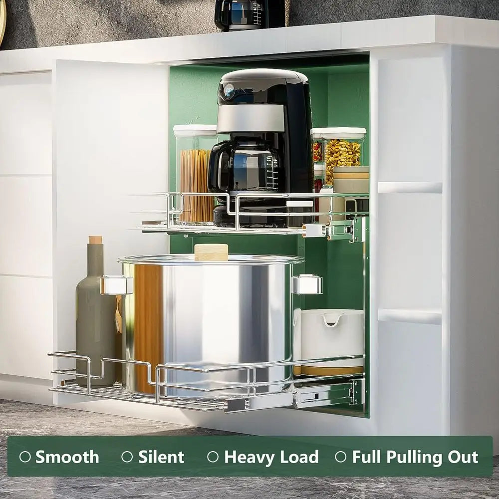 2 Tier Pull Out Cabinet Organizer 11 W x 18 D, Slide Out Kitchen Cabinet Storage Sliding Shelves