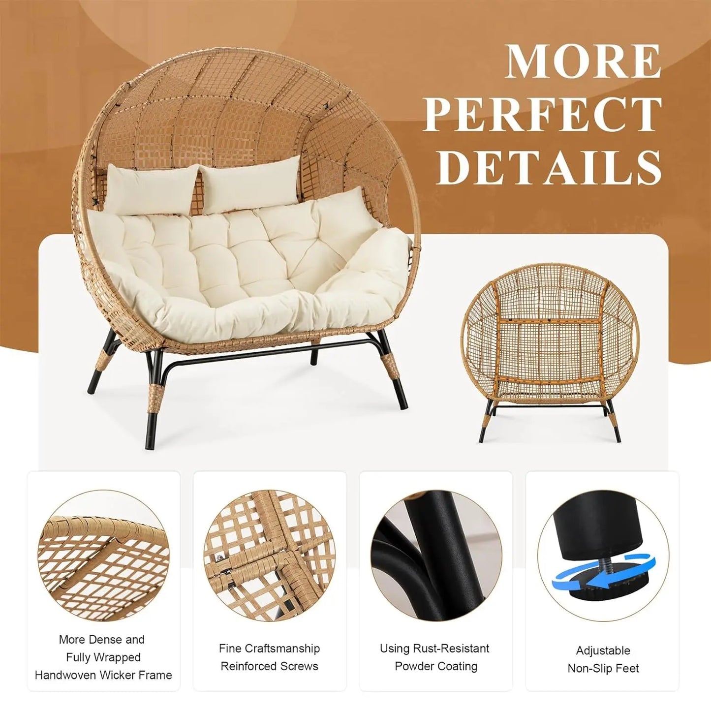 Oversized Double Egg Chair Wicker Rattan Lounge Loveseat with Legs for Patio Garden Backyard Living Room Beige, Customized