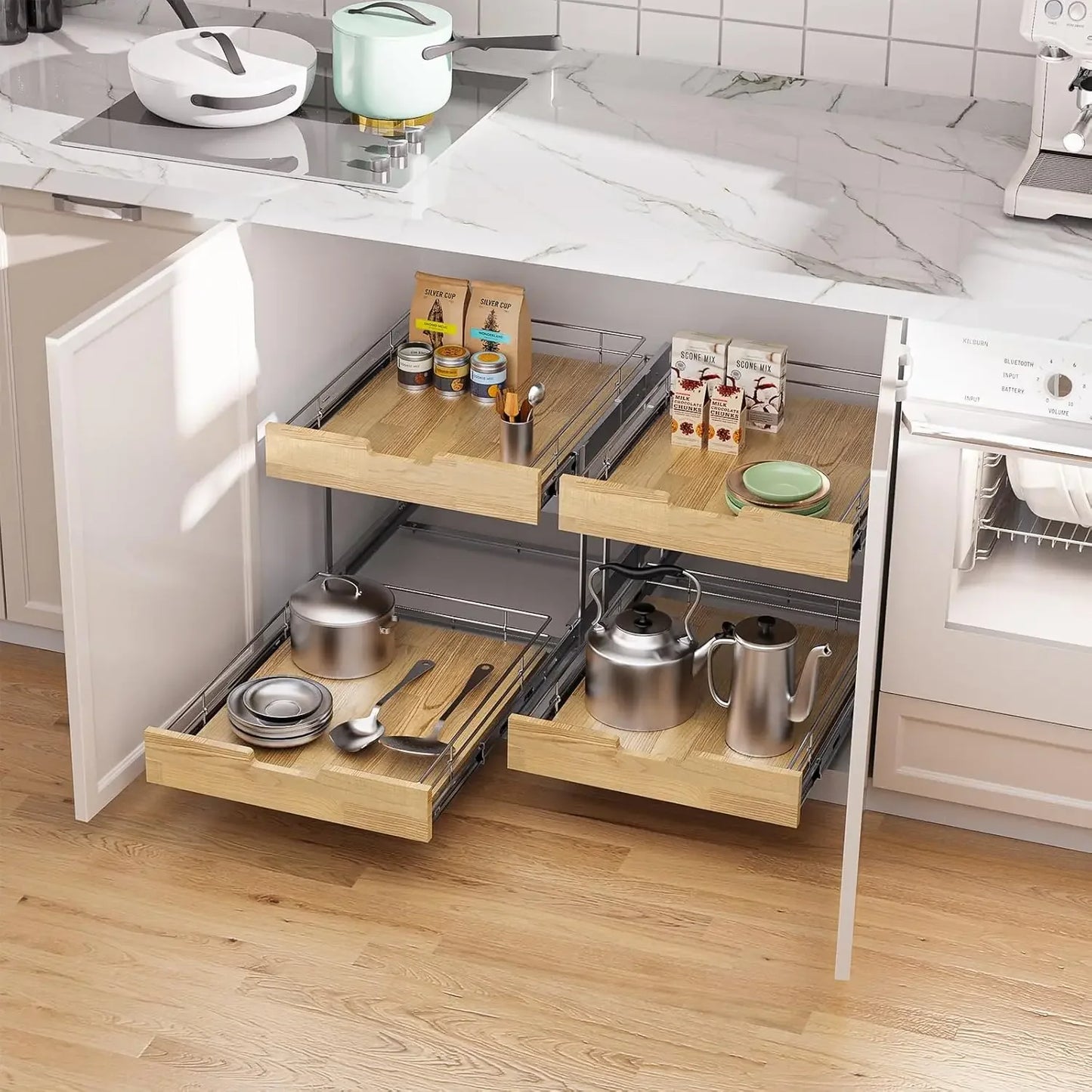 Two Tier Pull Out Cabinet Organizer With Wire Basket