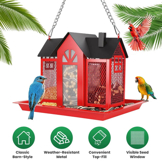 Metal Hanging Bird Feeder House Classic Barn Bird Feeder House Iron Hanging Outdoor Feeder with Visible Window and Lift Top Lid The Pet & Home Store