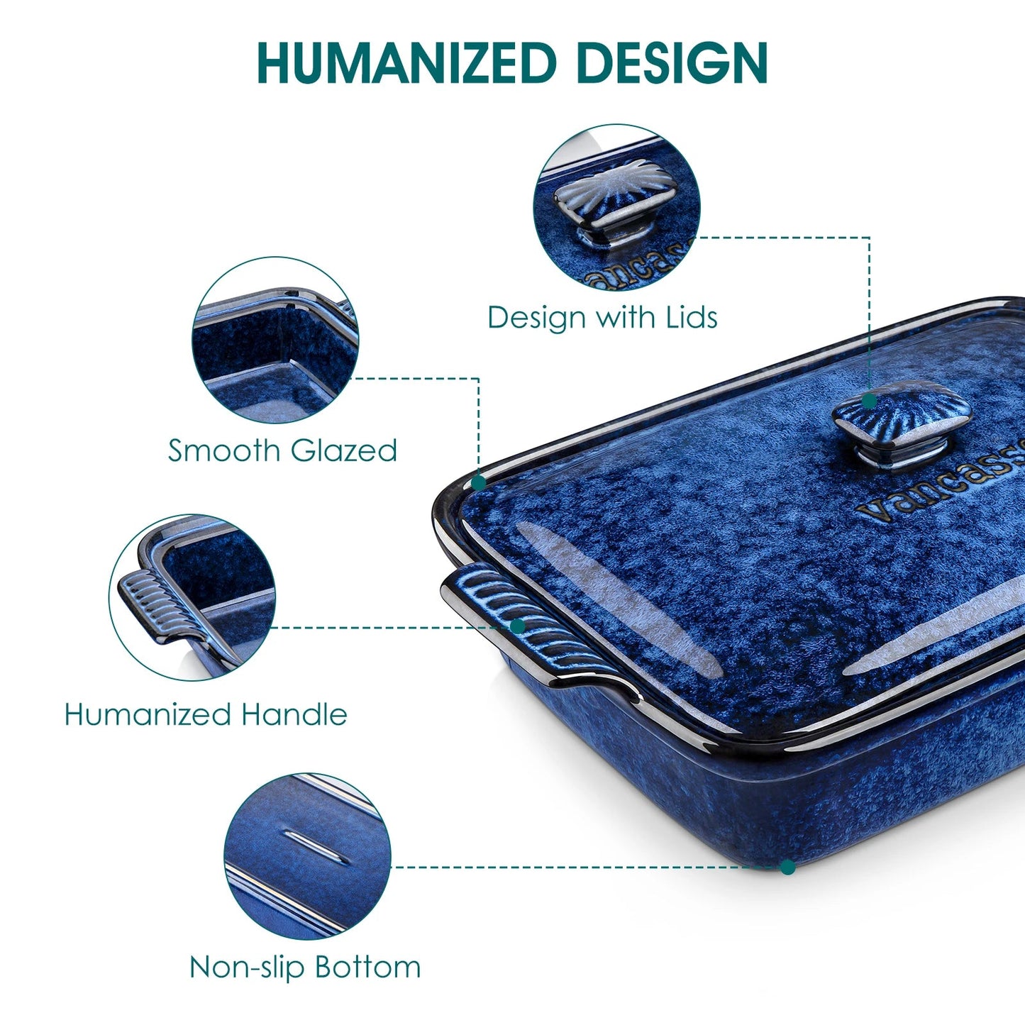 Vancasso Starry 3.8/1.9 Quart Blue Casserole Baking Dish Large Lasagna Pan with Lid Stoneware Casserole with Lid Microwave The Pet & Home Store
