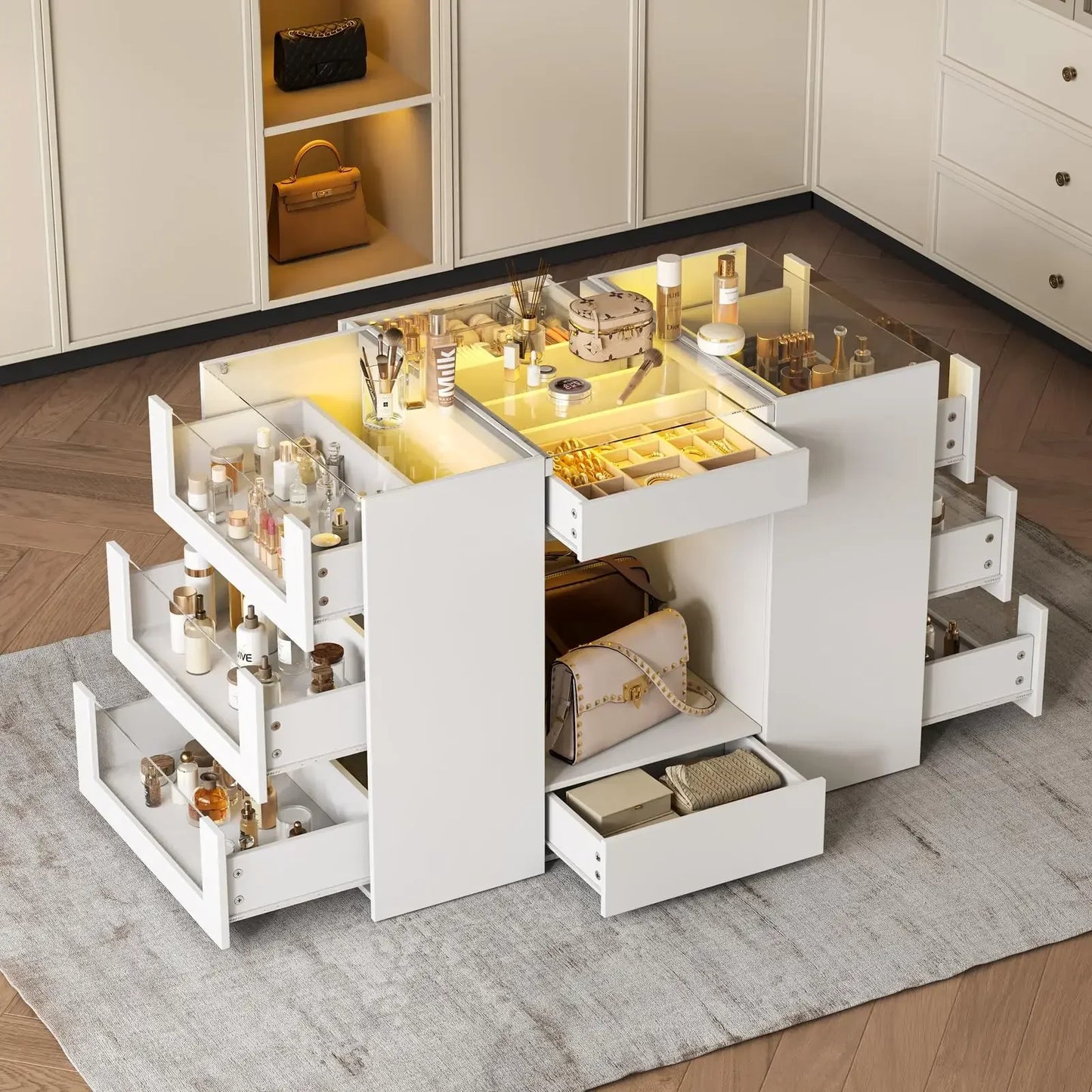 LIVAUVEAD Closet Island Drawers Glass Display Shelf