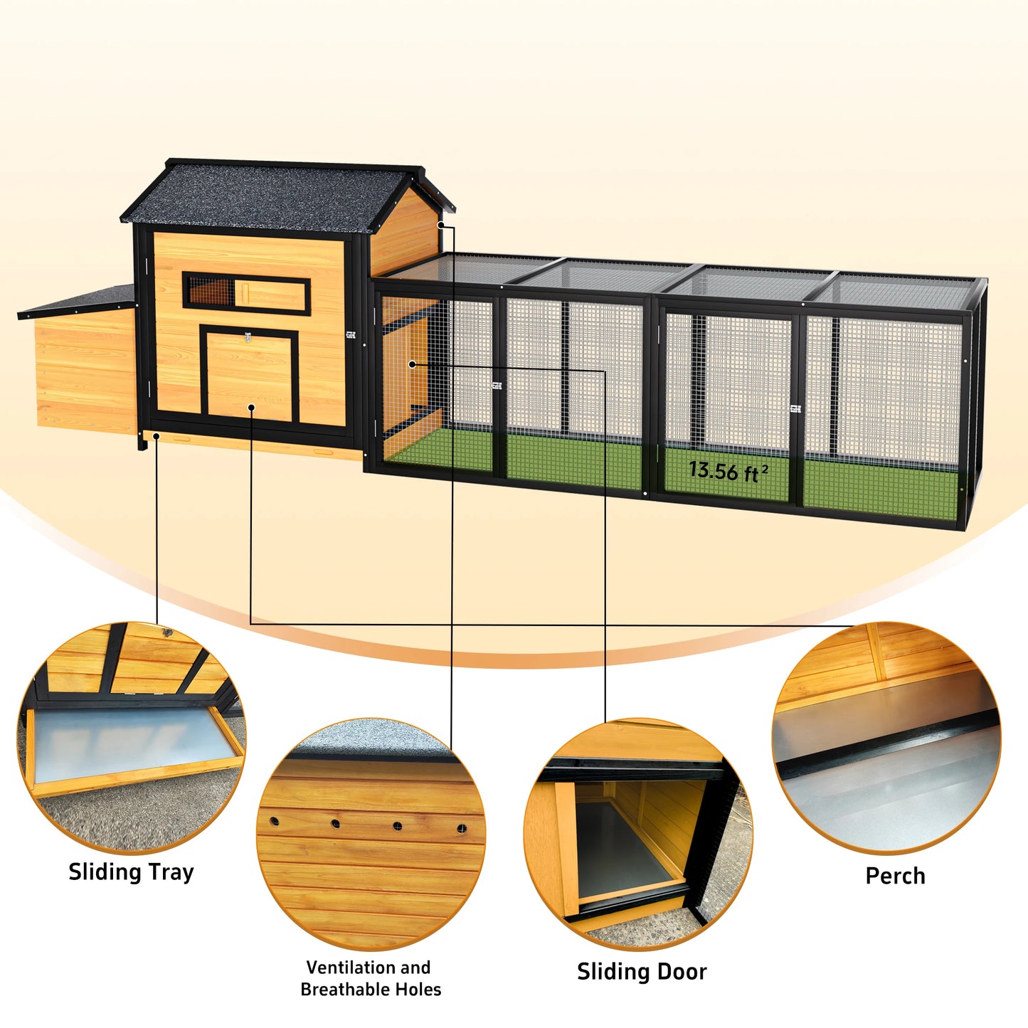 wh-Large Wooden Chicken Coop Outdoor Hen House with Nesting Box, Leak-Proof Pull-Out Tray#
