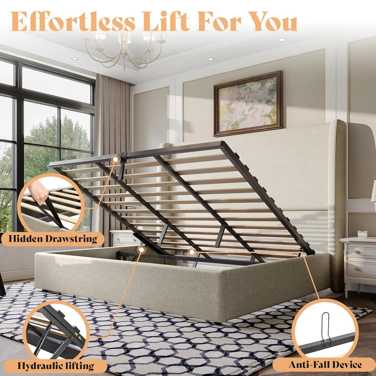 Lift Storage Upholstered Bed Platform Frame With Hydraulic Headboard