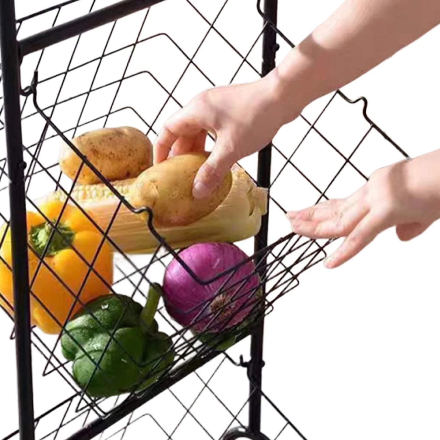 3-Tier Floor Standing Storage Basket Metal Wire Fruit Vegetable Rack for Kitchen Rolling Baskets Space Saving Organizer Stand