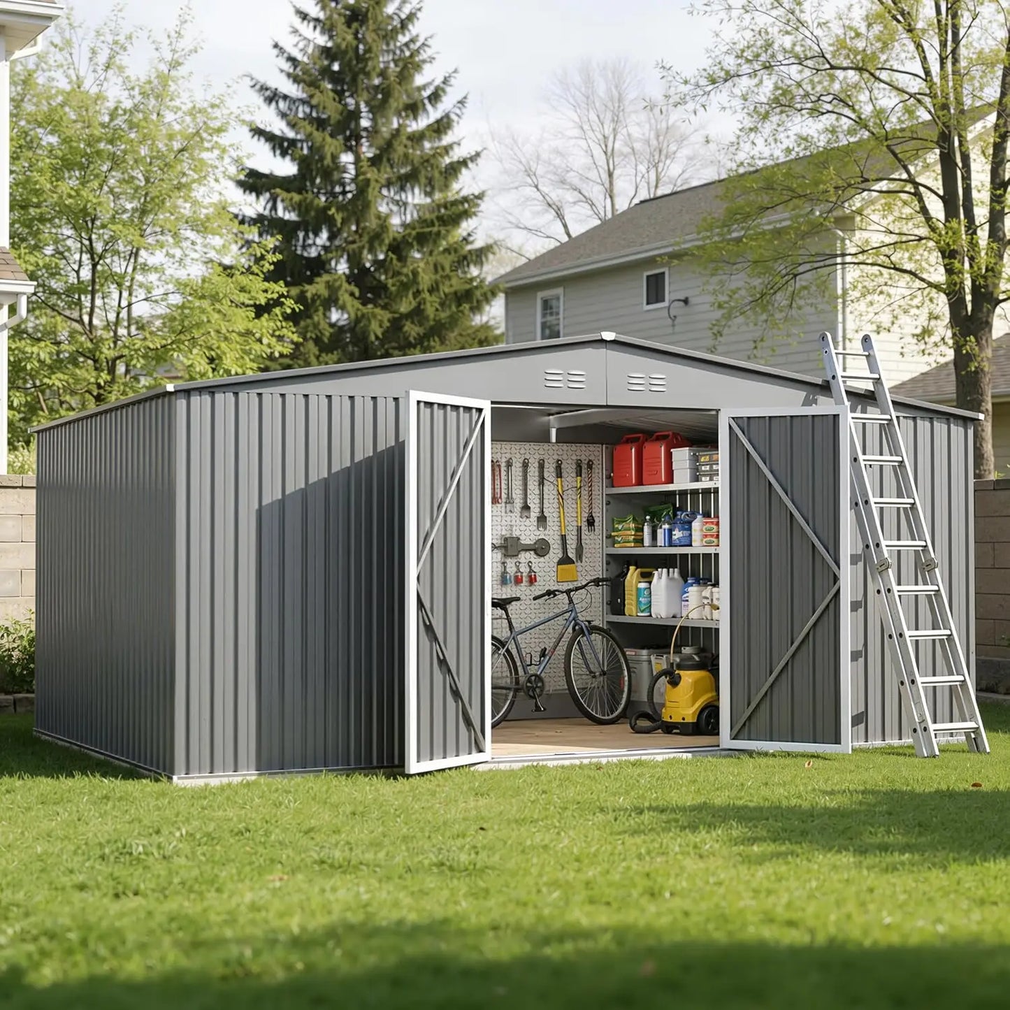 Grey Metal Waterproof Outdoor Storage Shed With Door And Lock