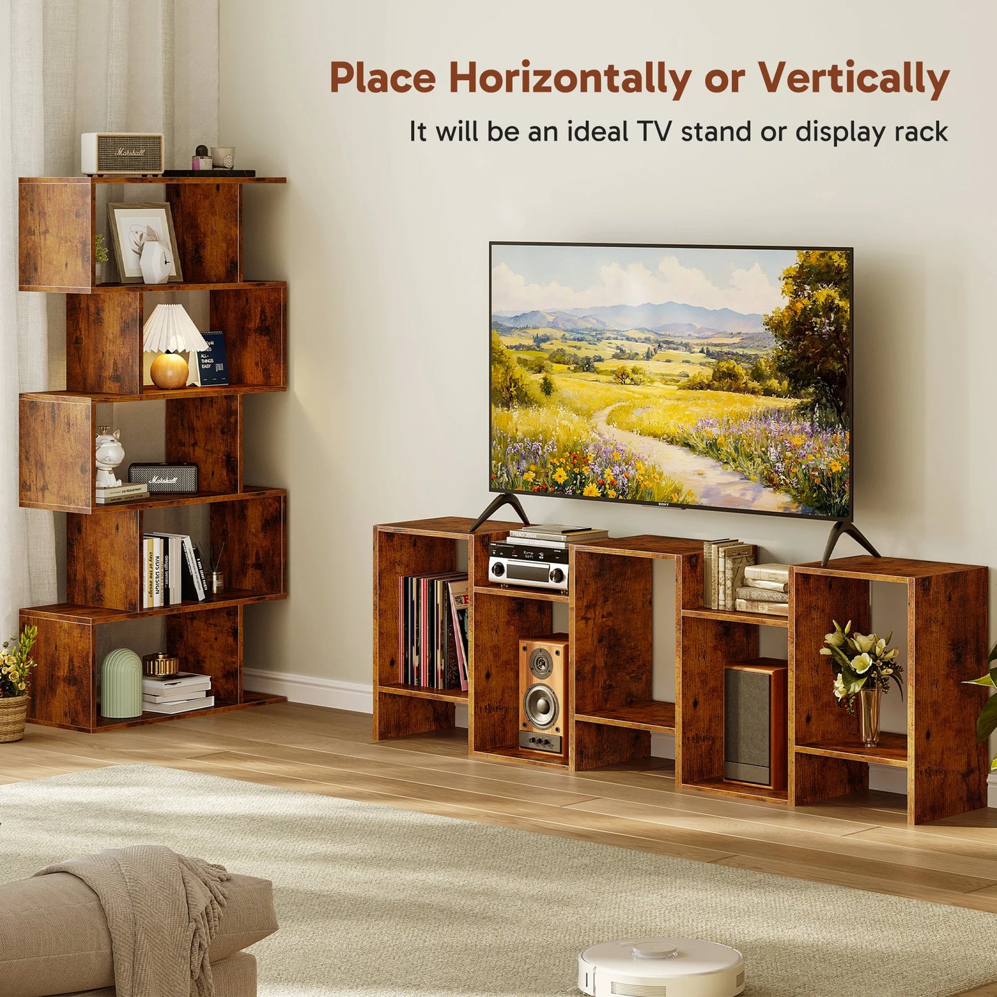 JHK Geometric 5-Tier S-Shaped Wooden Bookshelf For Home Office Display