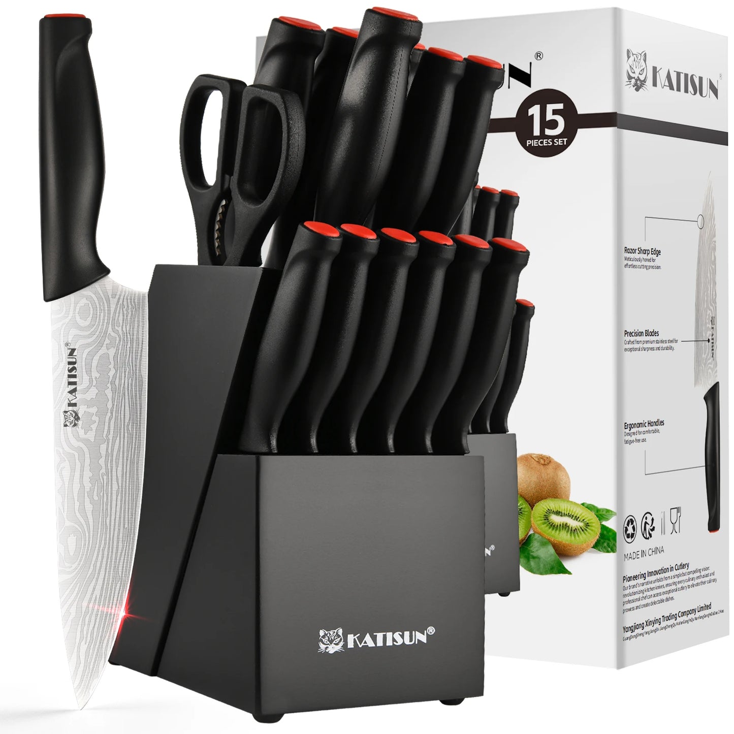 KATISUN Damascus Pattern Knife Block Set With Sharpener