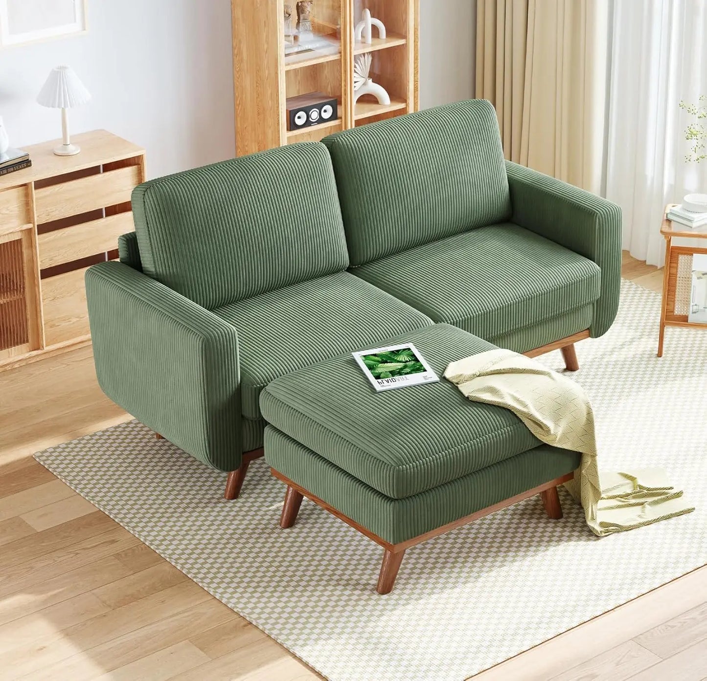Corduroy L-Shape Modular Sofa With Movable Ottoman Sectional