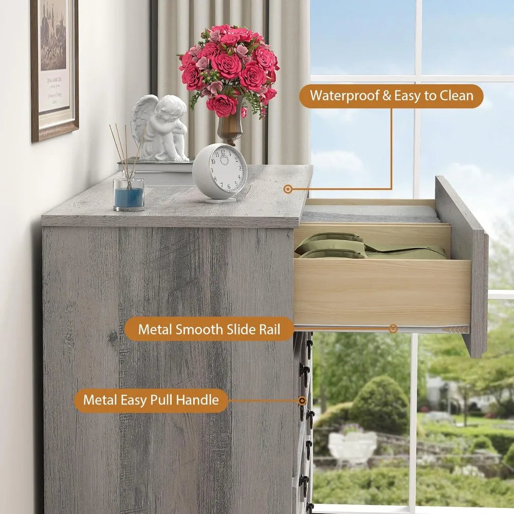Grey 8 Drawer Dresser for Bedroom, Wood Chest of Drawers, Large Storage, Vintage Design, 47.24Wx15.75Dx39.4H