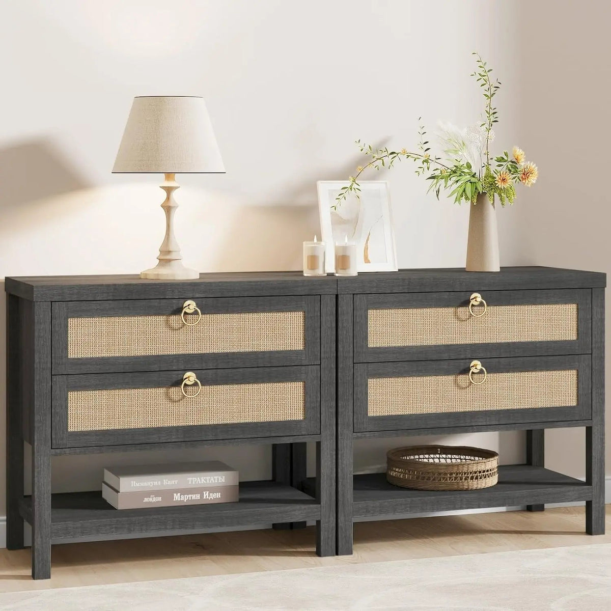Large White Rattan Nightstands Set of 2, Boho Style with Drawers & Storage Shelf Bedroom Bedside End Table, Custom The Pet & Home Store