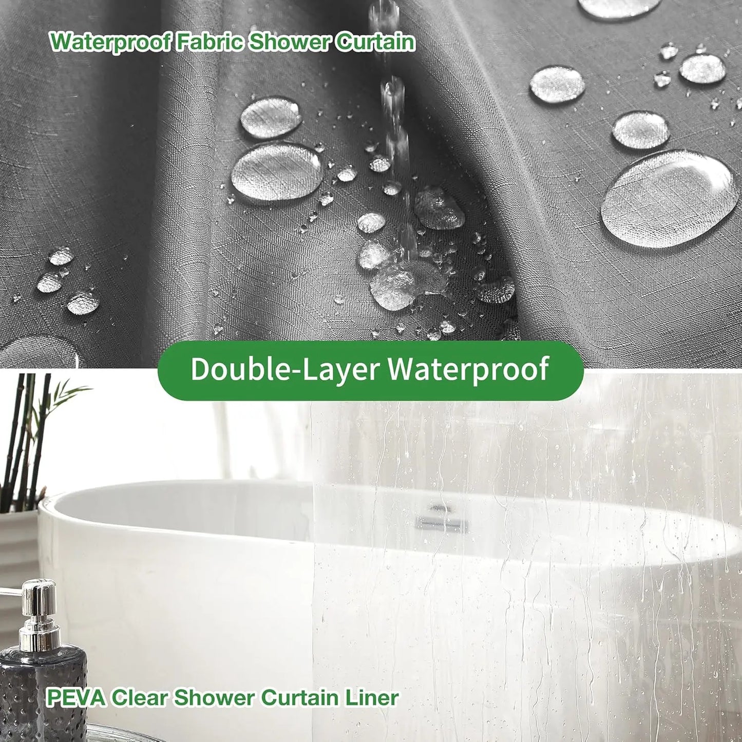 Grey Shower Curtain Set with Waterproof Liner and 12 Hooks, 72x72 Inches for Bathroom