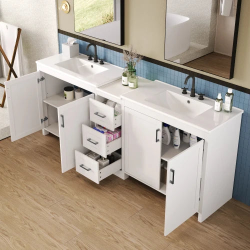 84"Double-Sink Bathroom Vanity,2 Ceramic Sinks and a Quartz Countertop,with Adjustable Shelves and 3 Drawers,Large storage space