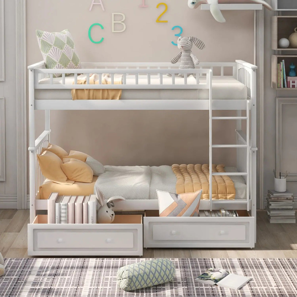 Twin over Twin Bunk Bed with Drawers, Convertible Beds, White(Old SKU: SM000240AAK-1) The Pet & Home Store