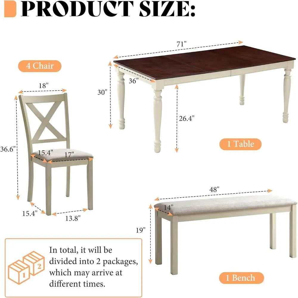 6-Piece armhouse Dining Table Set or 6-7, 71" Solid Wood Kitchen Table and Chairs, 1 Dining Table, 4 Upholstered Chairs and 1 Be