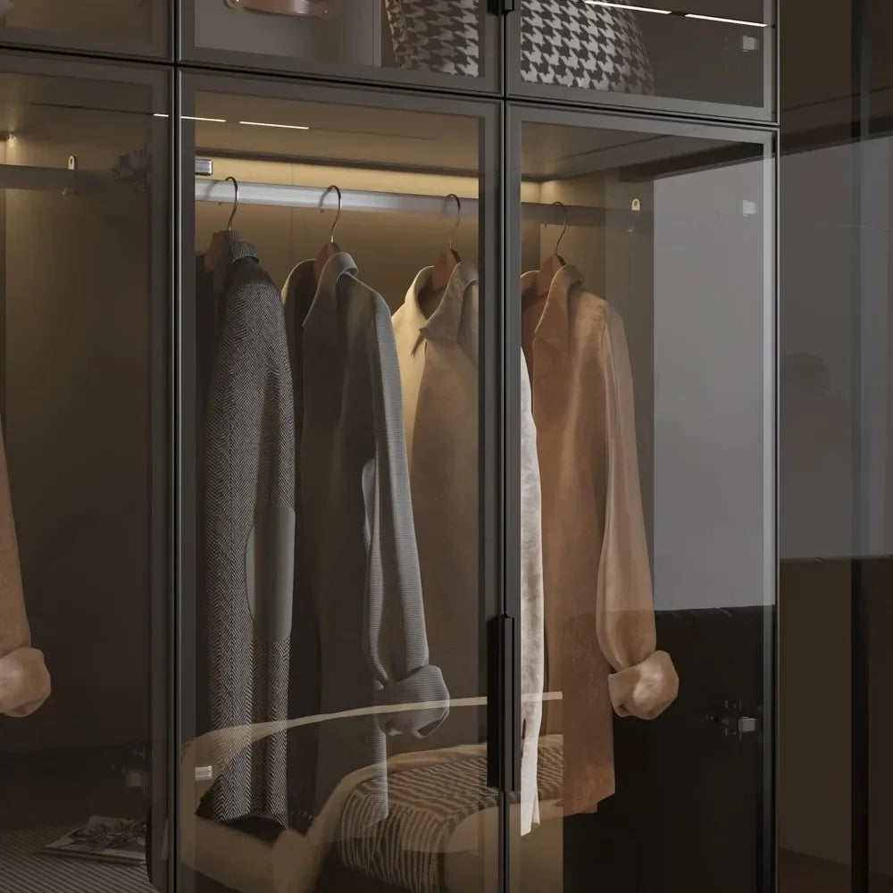 Wardrobe Cabinet With LED Light Strips Modern Armoire Glass Doors
