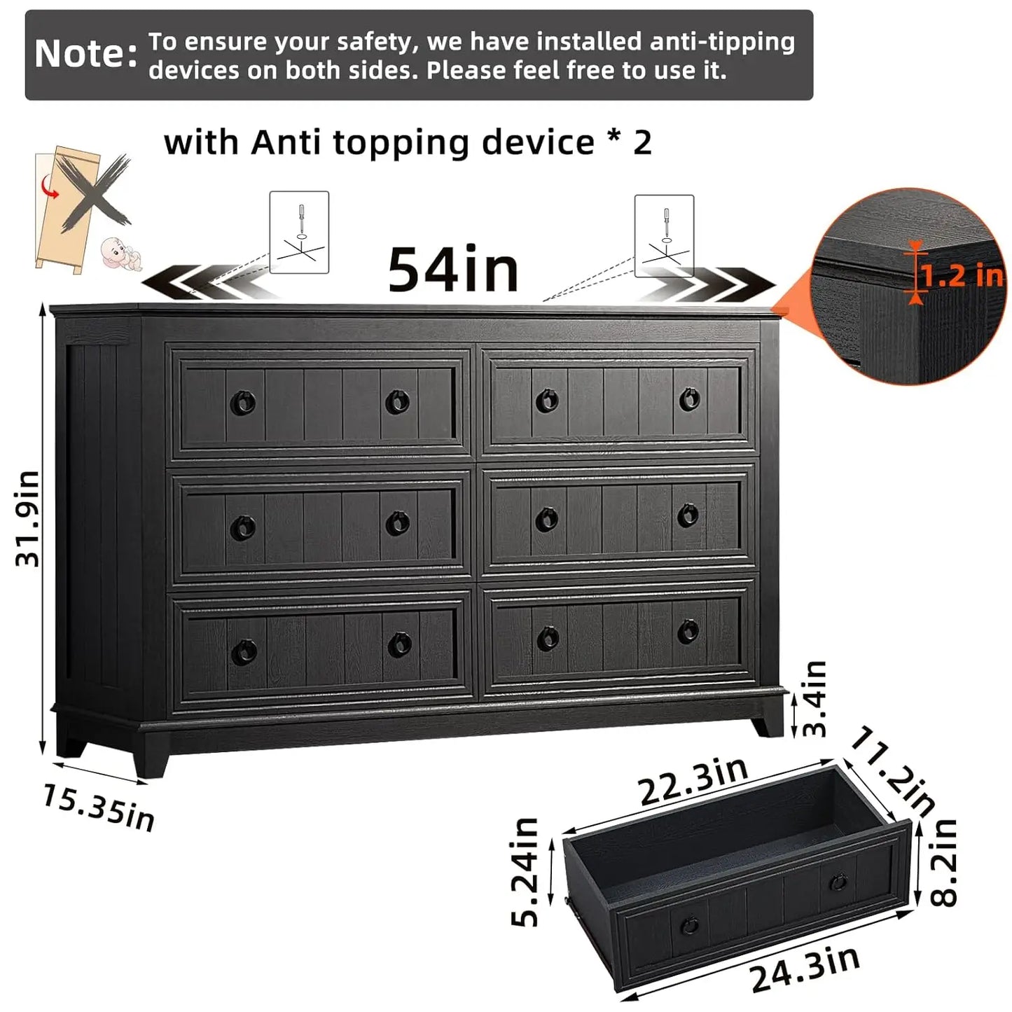 6 Drawer Farmhouse Wood Dresser Chest Vintage TV Stand