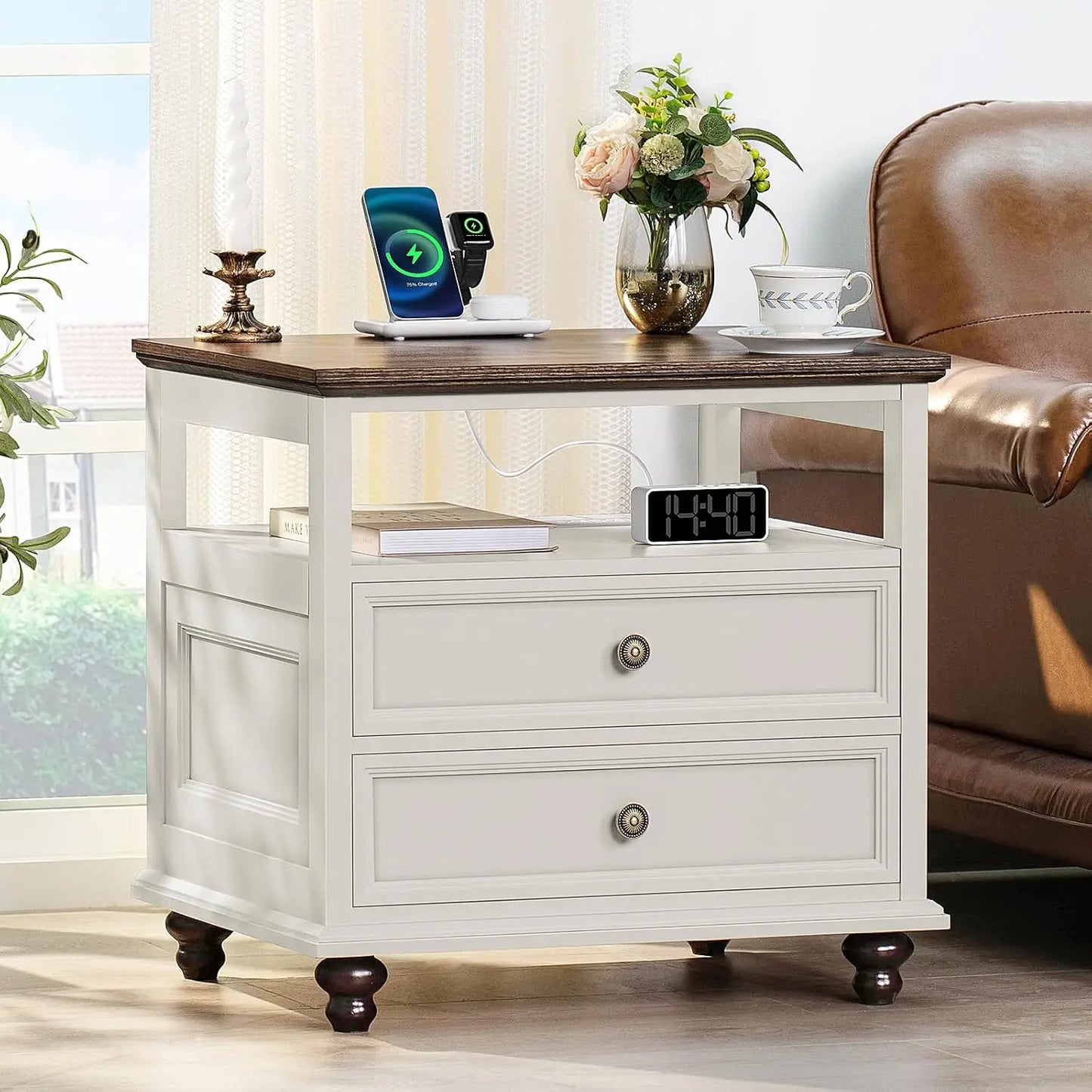 Farmhouse Wood Nightstand With Charging Station And Two Drawers