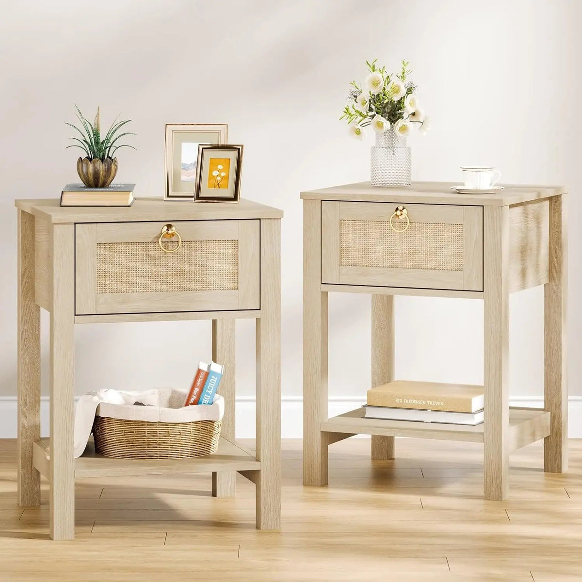 Large White Rattan Nightstands Set of 2, Boho Style with Drawers & Storage Shelf Bedroom Bedside End Table, Custom The Pet & Home Store