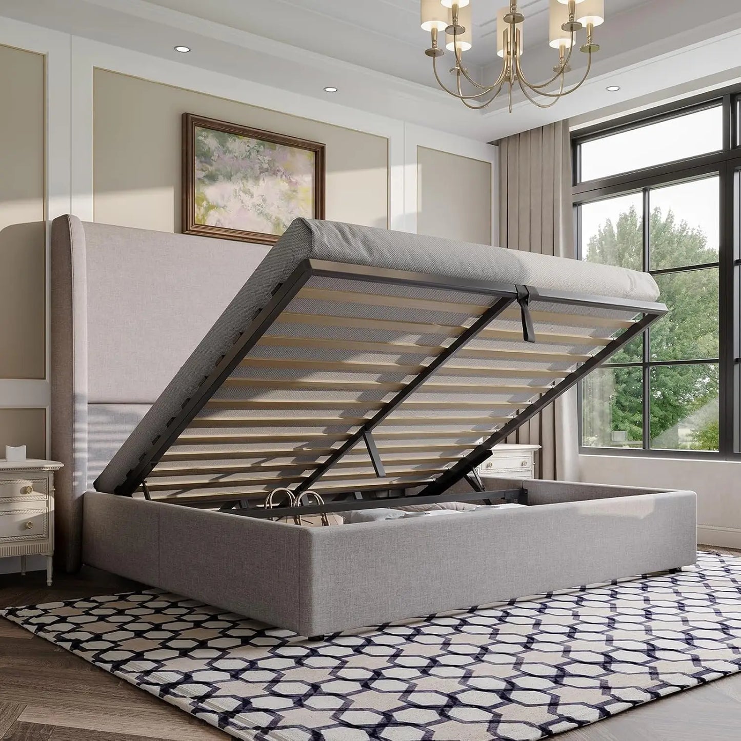 Lift Storage Upholstered Bed Platform Frame With Hydraulic Headboard