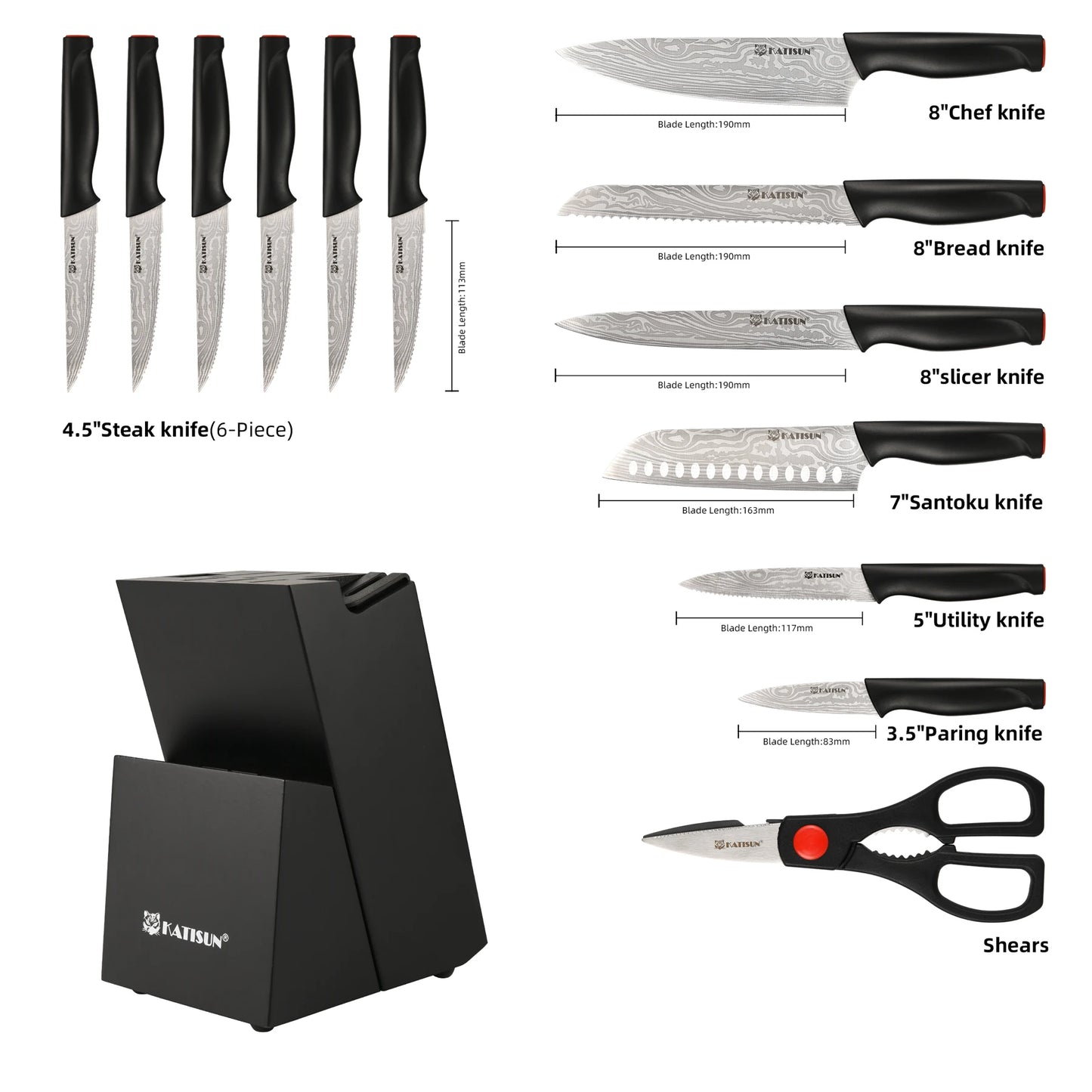 KATISUN Damascus Pattern Knife Block Set With Sharpener