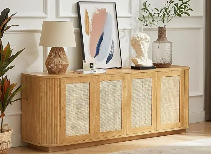 Fluted Wooden Sideboard Buffet Cabinet With Adjustable Shelves