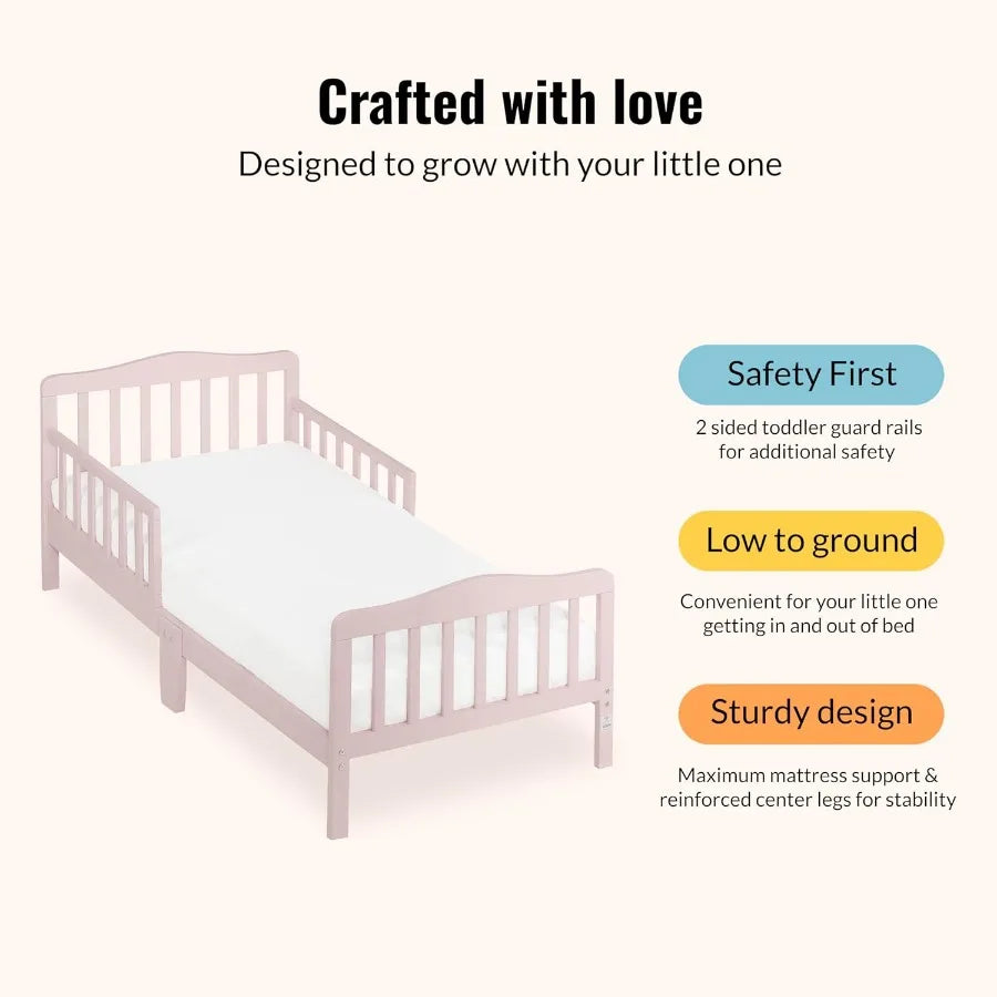 Dream On Me Classic Design Toddler Bed In Pink, Low-to-Floor Wooden Bed With Safety Rails, GREENGUARD Gold & BSA Certified, Non-