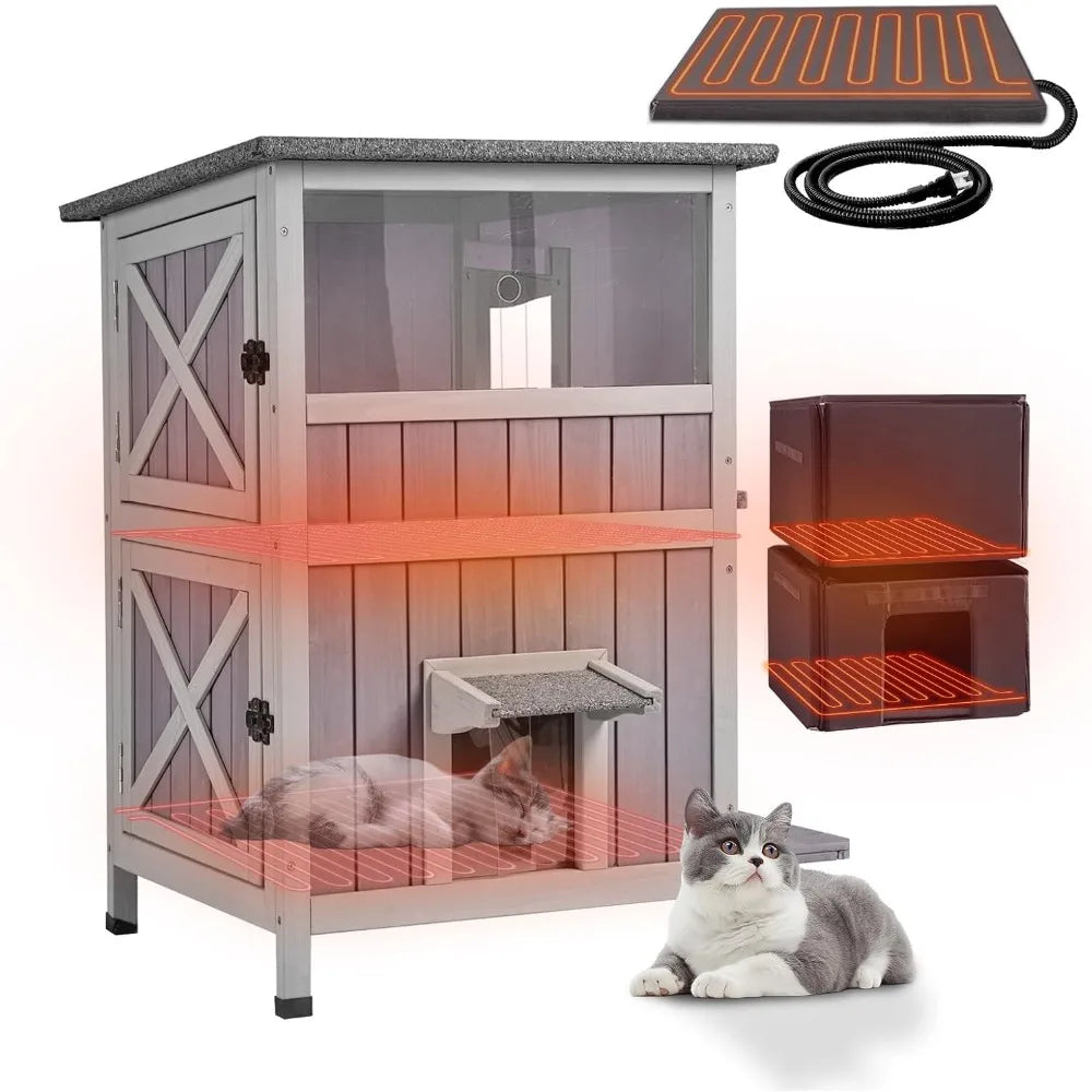 Insulated Outdoor Cat Shelter With Heated Pad, Weatherproof, Two-Story