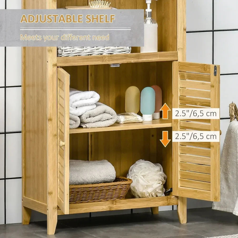 Bamboo Floor Cabinet Bathroom Floor Cabinet Living Room Organizer Tower with Multiple Shelves and Doors, Natural
