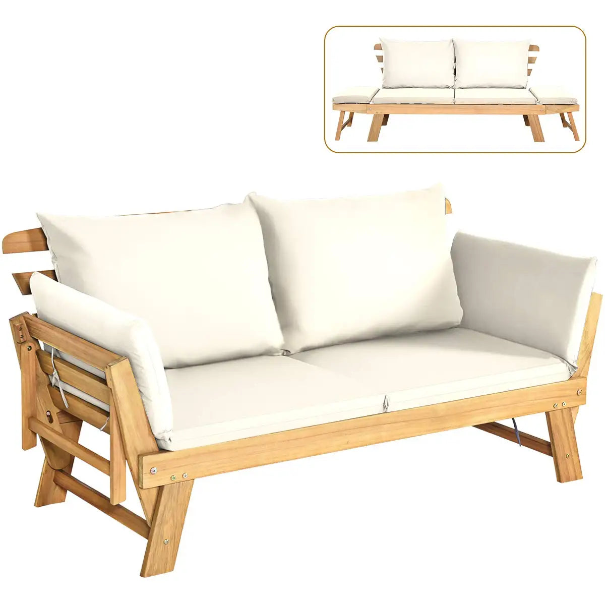 Convertible Acacia Patio Sofa Bed Adjustable Armrest Cushion Pillows Outdoor Folding Futon Bench Porch Garden 3-Seat, Custom