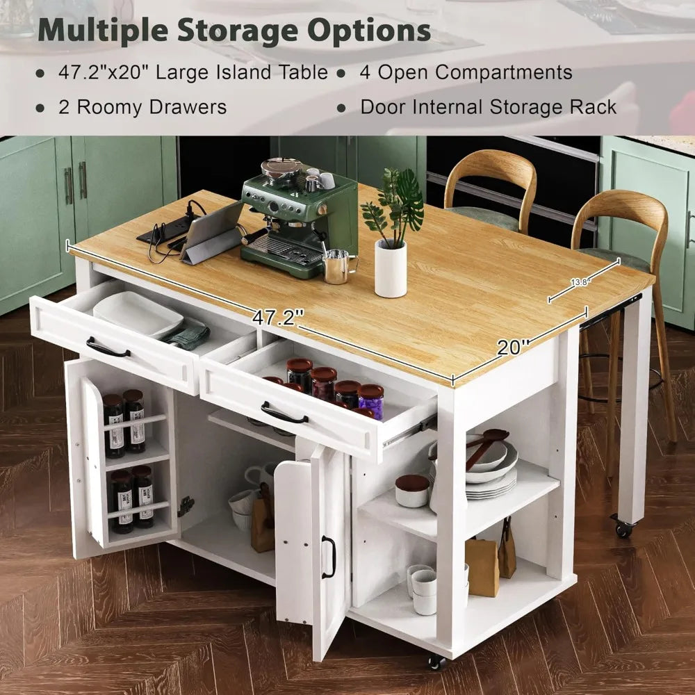 DAFIFY Kitchen Island On Wheels With Power Outlet Extendable Table