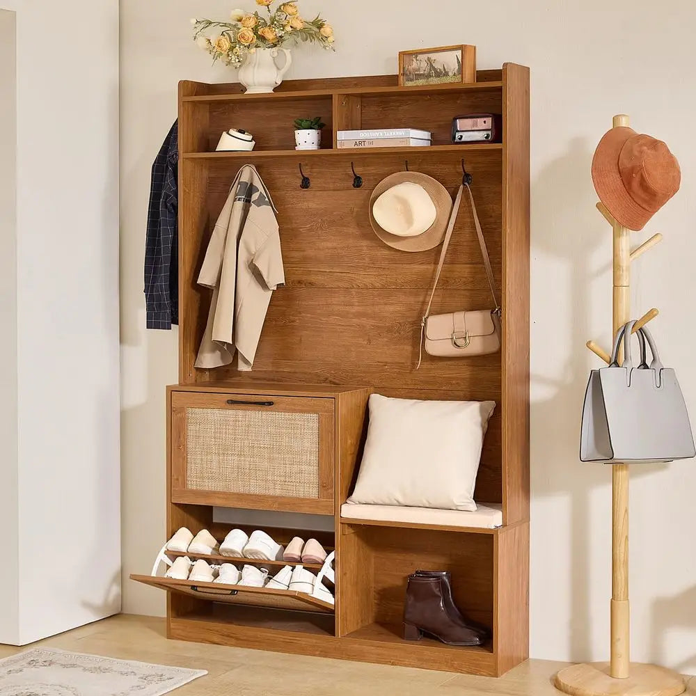 Boho Hall Tree With Bench And Shoe Storage For Mudrooms